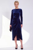 Vestido de Mãe da Noiva em Veludo Azul-Marinho Com Enbainha Azul-Marinho