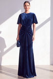 Vestido de Mãe da Noiva Azul Escuro Veludo Franzido