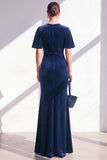 Vestido de Mãe da Noiva Azul Escuro Veludo Franzido