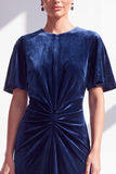Vestido de Mãe da Noiva Azul Escuro Veludo Franzido