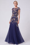 Vestido Batueau Mãe da Noiva Longo Linha A com Missangas Azul-Marinho
