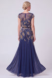 Vestido Batueau Mãe da Noiva Longo Linha A com Missangas Azul-Marinho
