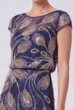 Vestido Batueau Mãe da Noiva Longo Linha A com Missangas Azul-Marinho