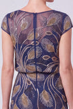 Vestido Batueau Mãe da Noiva Longo Linha A com Missangas Azul-Marinho