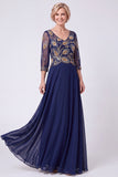 Vestido Mãe da Noiva com decote em V com misangas azul-marinho e meia-manga