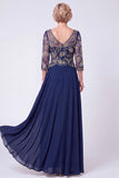 Vestido Mãe da Noiva com decote em V com misangas azul-marinho e meia-manga