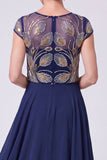 Vestido de Mãe da Noiva com gola azul azul A-Line A-Line com gola longa com missangas