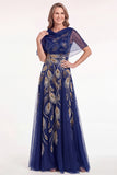 Mangas de capa com missangas azul-marinho Vestido de Mãe da Noiva