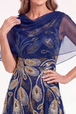Mangas de capa com missangas azul-marinho Vestido de Mãe da Noiva