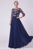 Vestido Azul Azul-Marinho Ilusão A-Line Illusion Bateau com gola longa de mãe da noiva