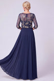 Vestido Azul Azul-Marinho Ilusão A-Line Illusion Bateau com gola longa de mãe da noiva