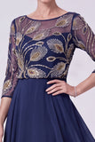 Vestido Azul Azul-Marinho Ilusão A-Line Illusion Bateau com gola longa de mãe da noiva