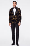 Fato de baile de finalistas preto dourado de 2 peças com lapela pico Jacquard de um só peito