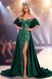 Vestido de concurso Maxi de Lantejoulas Verde-Escuro Sheathless com Fenda Lateral
