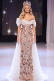 Vestido de concurso Maxi com lantejoulas assimétrico com ombros descobertos, lantejoulas