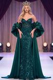 Vestido Maxi de Concurso de Espartilho Verde Verde Escuro com Lantejoulas Transparentes e Capa