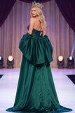 Vestido Maxi de Concurso de Espartilho Verde Verde Escuro com Lantejoulas Transparentes e Capa