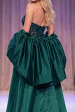 Vestido Maxi de Concurso de Espartilho Verde Verde Escuro com Lantejoulas Transparentes e Capa