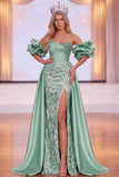 Vestido Maxi de Concurso de Beleza Verde Com Mangas Bufantes Escorregadas e Abertura Lateral