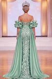 Vestido Maxi de Concurso de Beleza Verde Com Mangas Bufantes Escorregadas e Abertura Lateral