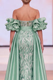 Vestido Maxi de Concurso de Beleza Verde Com Mangas Bufantes Escorregadas e Abertura Lateral