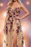 Vestido de concurso Maxi A-Line Champanhe Linha A de Lantejoulas 3D com Abertura Lateral