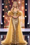 Vestido Maxi de concurso de sereia dourada com mangas bufantes e mangas bufantes de ombros dourados com capa