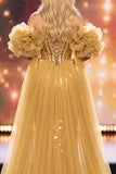 Vestido Maxi de concurso de sereia dourada com mangas bufantes e mangas bufantes de ombros dourados com capa
