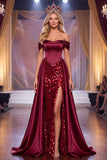Vestido de concurso Maxi Espartilho Borgonha Ombro Descoberto com Fenda