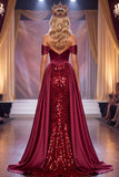 Vestido de concurso Maxi Espartilho Borgonha Ombro Descoberto com Fenda