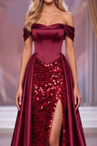 Vestido de concurso Maxi Espartilho Borgonha Ombro Descoberto com Fenda