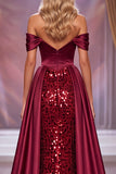 Vestido de concurso Maxi Espartilho Borgonha Ombro Descoberto com Fenda