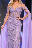 Vestido de concurso longo translúcido com capa de lantejoulas de ombro frio com 3D aplicadas de ombro frio e lilás