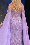Vestido de concurso longo translúcido com capa de lantejoulas de ombro frio com 3D aplicadas de ombro frio e lilás
