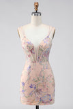 Bodycon com alças finas Espartilho com bordado floral de lantejoulas Vestido curto de regresso a casa