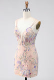 Bodycon com alças finas Espartilho com bordado floral de lantejoulas Vestido curto de regresso a casa