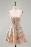 Espartilho de lantejoulas A-Line A-Line Bordado Floral Vestido Curto de Regresso a Casa