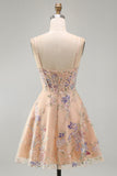 Espartilho de lantejoulas A-Line A-Line Bordado Floral Vestido Curto de Regresso a Casa