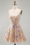 Espartilho de lantejoulas A-Line A-Line Bordado Floral Vestido Curto de Regresso a Casa