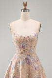Espartilho de lantejoulas A-Line A-Line Bordado Floral Vestido Curto de Regresso a Casa