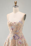 Espartilho de lantejoulas A-Line A-Line Bordado Floral Vestido Curto de Regresso a Casa