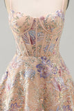 Espartilho de lantejoulas A-Line A-Line Bordado Floral Vestido Curto de Regresso a Casa