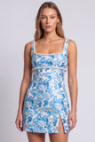 Vestido de Mini-Homecoming Bodycon Bodycon com gola quadrada em Pérolas Florais Azul-Claras, com Fenda