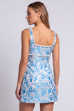 Vestido de Mini-Homecoming Bodycon Bodycon com gola quadrada em Pérolas Florais Azul-Claras, com Fenda