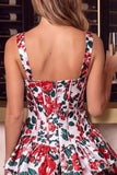 Vestido de Mini Regresso a Casa com Mini Espartilho de Finalistas com Flor Vermelha, Espartilho A-Line com Folhos e Decote Quadrado