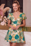 Vestido curto de regresso a casa, decote em V, estampado em linha em A, cor-de-rosa floral e mangas curtas