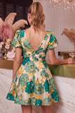 Vestido curto de regresso a casa, decote em V, estampado em linha em A, cor-de-rosa floral e mangas curtas