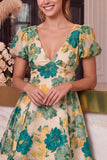 Vestido curto de regresso a casa, decote em V, estampado em linha em A, cor-de-rosa floral e mangas curtas