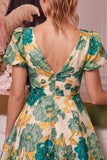 Vestido curto de regresso a casa, decote em V, estampado em linha em A, cor-de-rosa floral e mangas curtas