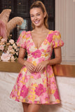 Vestido curto de regresso a casa, decote em V, estampado em linha em A, cor-de-rosa floral e mangas curtas